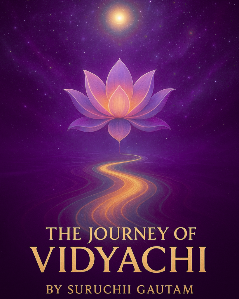 Abstract cosmic lotus artwork for The Journey of Vidyachi by Suruchii Gautam, representing spirituality, healing, and personal growth